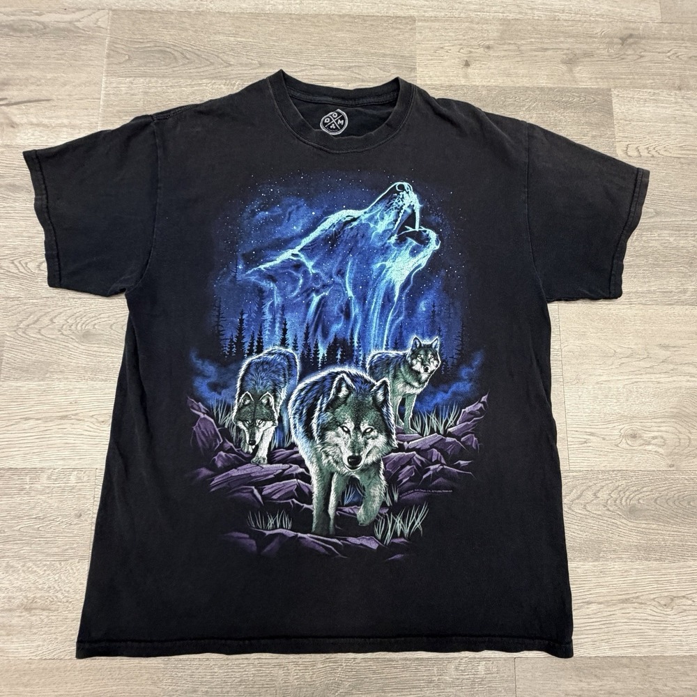 DOM Wolf Shirt T-Shirt Black 3 Wolves Wolf Spirit Alpha Size Large Stars